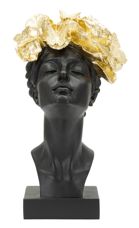 Female Bust Sculpture with Butterflies (Black & Golden Modern Glam Resin Statue)