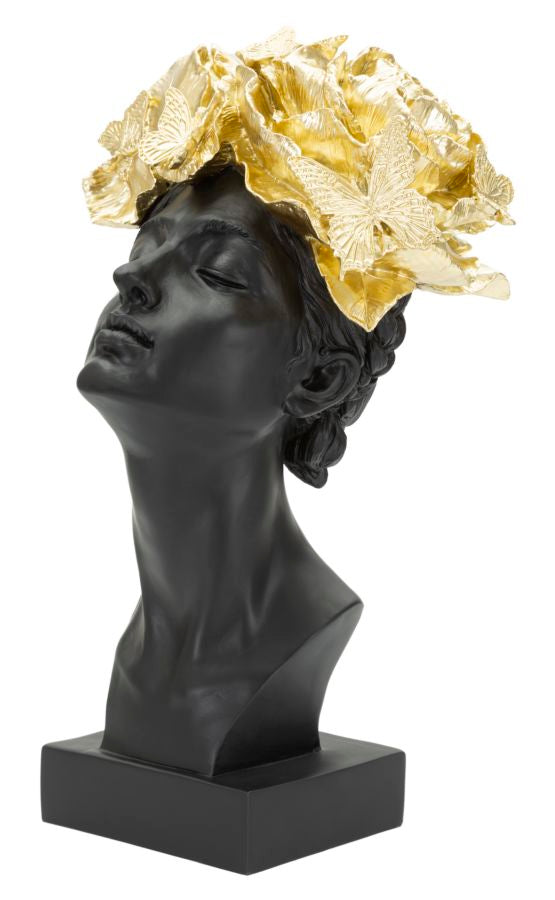 Female Bust Sculpture with Butterflies (Black & Golden Modern Glam Resin Statue)