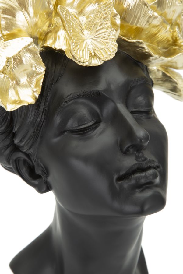 Female Bust Sculpture with Butterflies (Black & Golden Modern Glam Resin Statue)