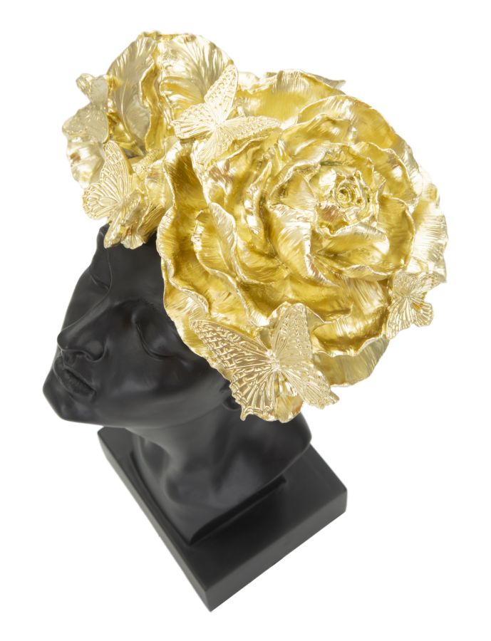 Female Bust Sculpture with Butterflies (Black & Golden Modern Glam Resin Statue)