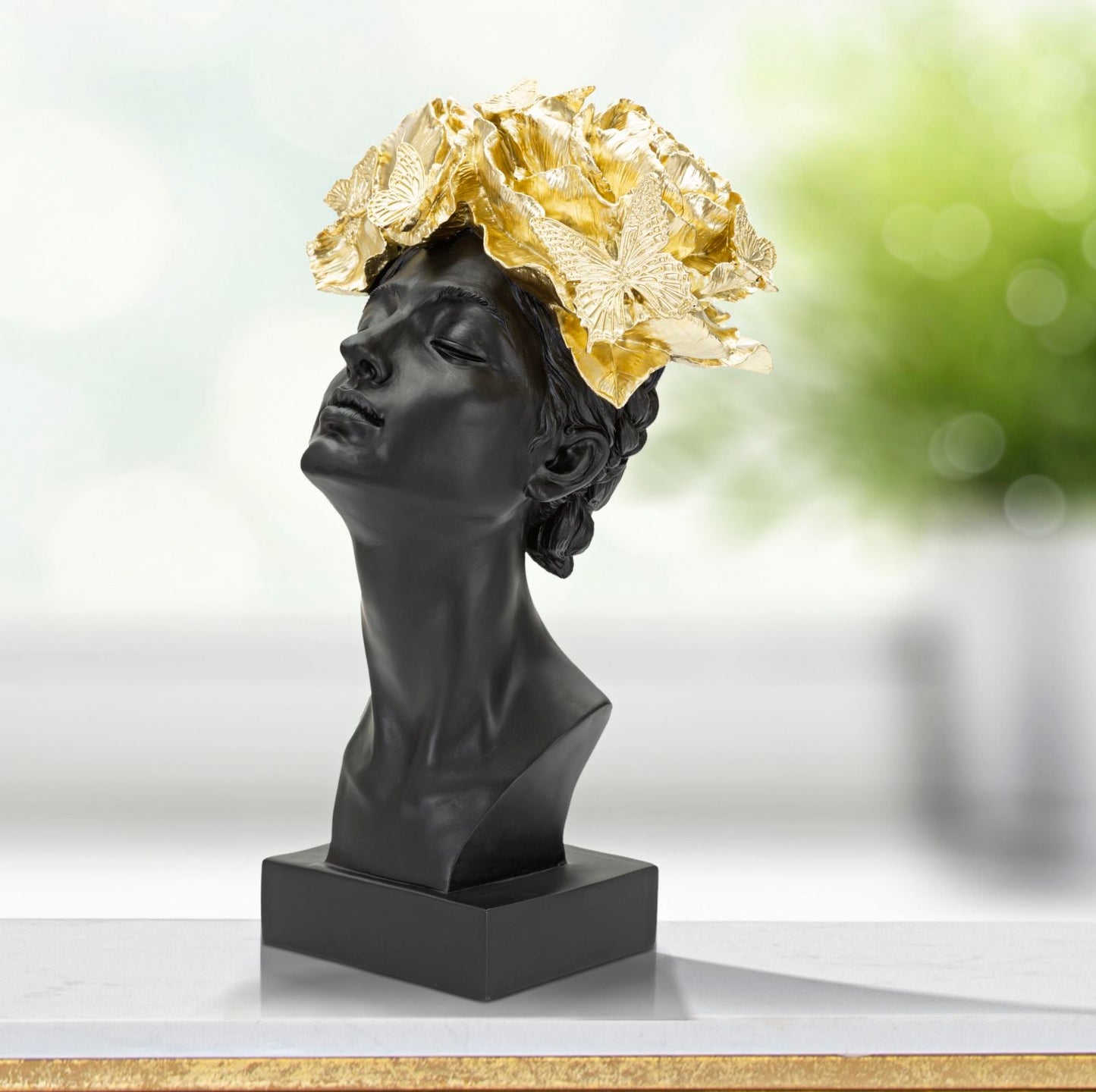 Female Bust Sculpture with Butterflies (Black & Golden Modern Glam Resin Statue)