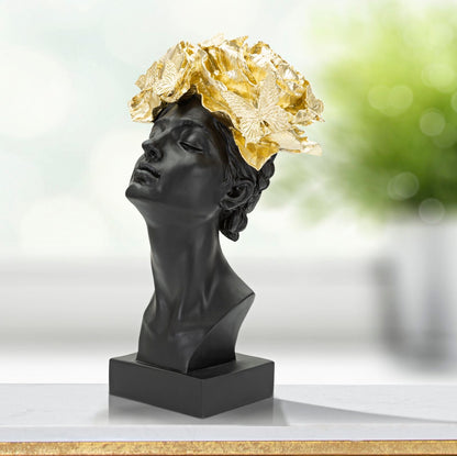 Female Bust Sculpture with Butterflies (Black & Golden Modern Glam Resin Statue)