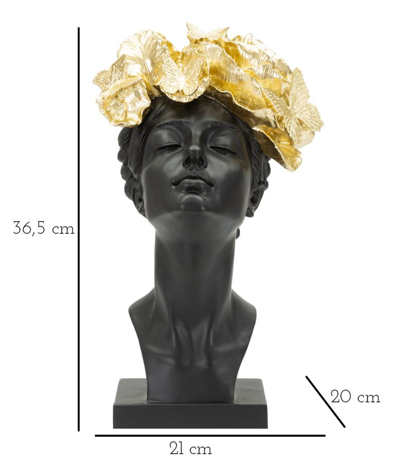 Female Bust Sculpture with Butterflies (Black & Golden Modern Glam Resin Statue)