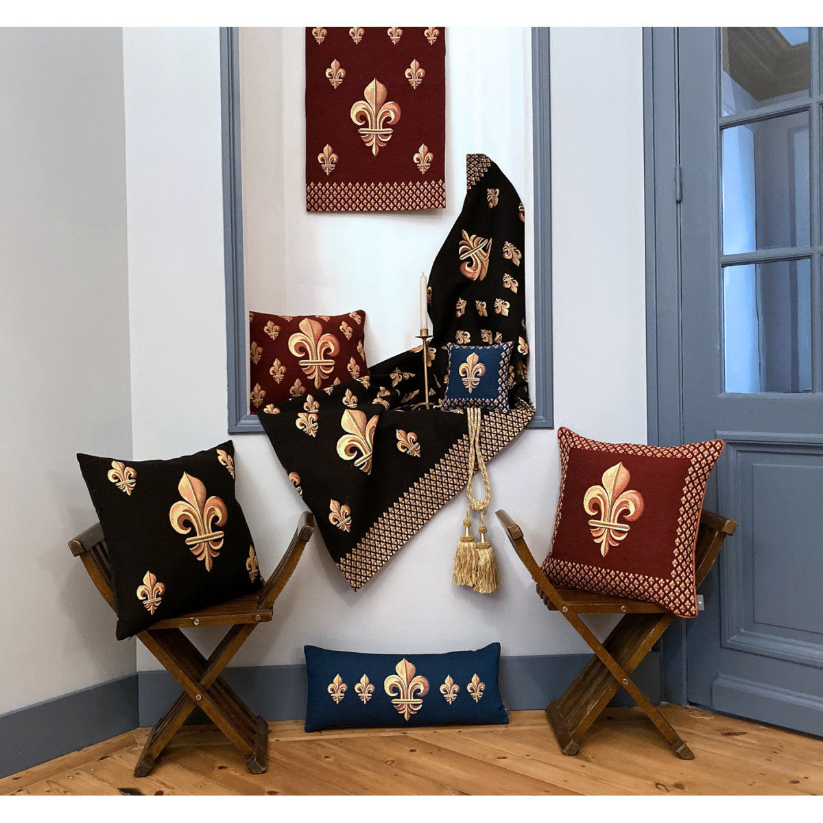 Five Golden Fleurs Red Cushion
