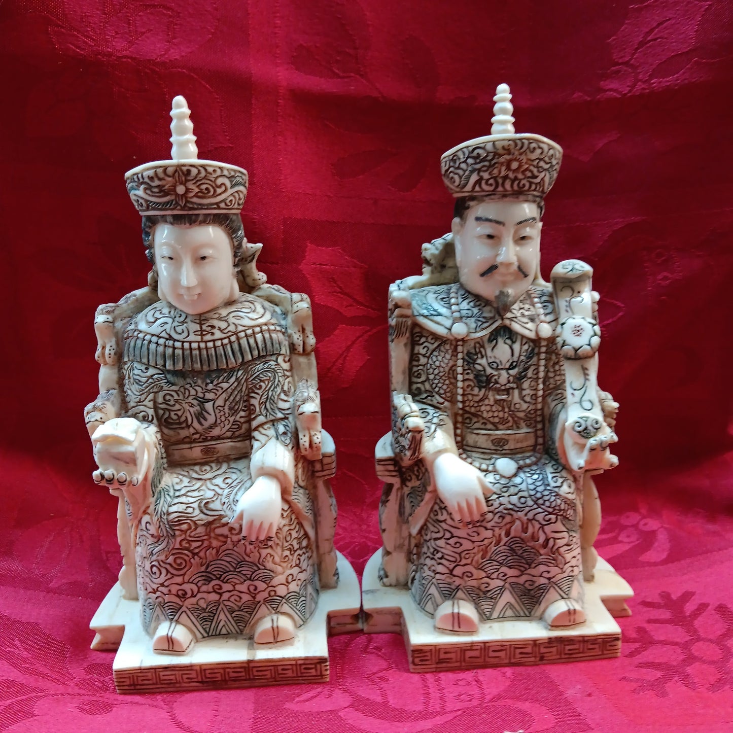 Emperor and Empress hand carved bone statue pair