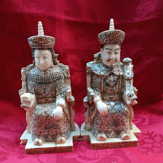 Emperor and Empress hand carved bone statue pair