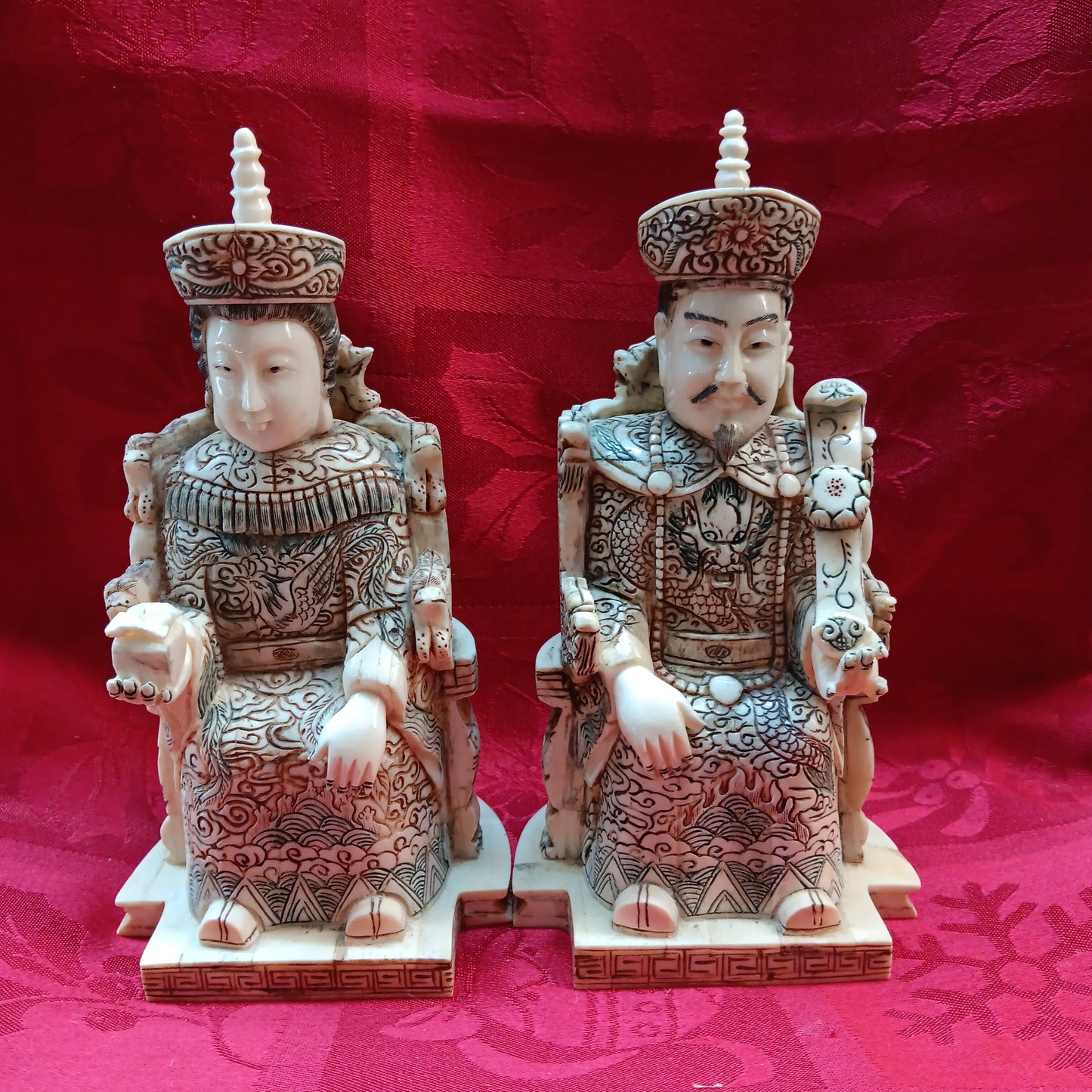 Emperor and Empress hand carved bone statue pair