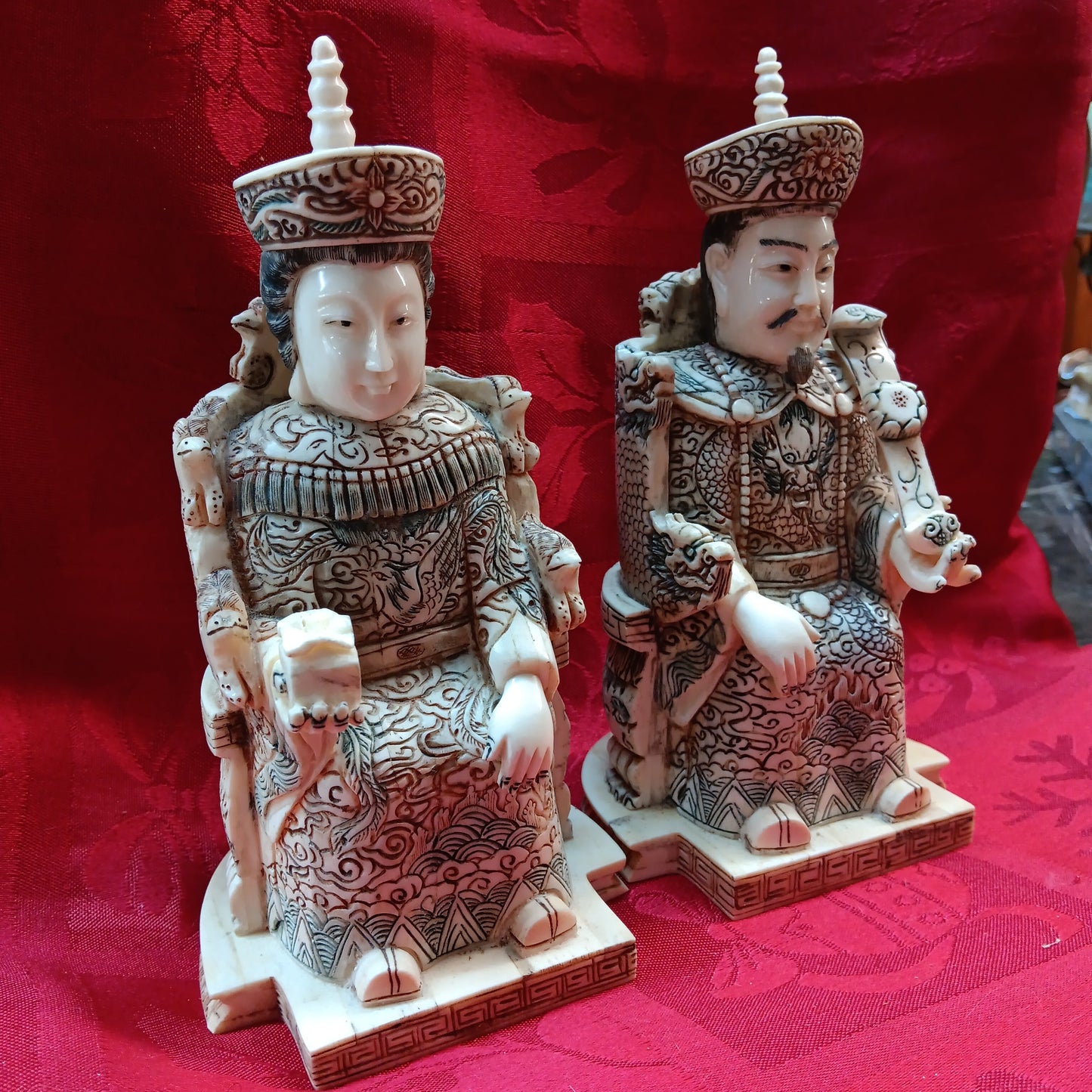 Emperor and Empress hand carved bone statue pair