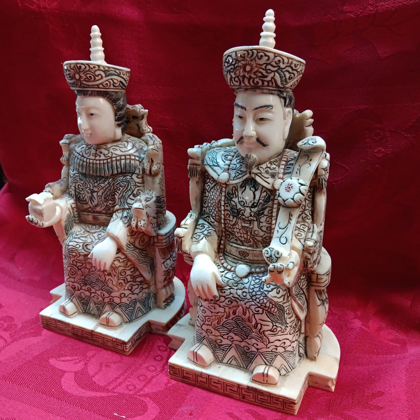 Emperor and Empress hand carved bone statue pair