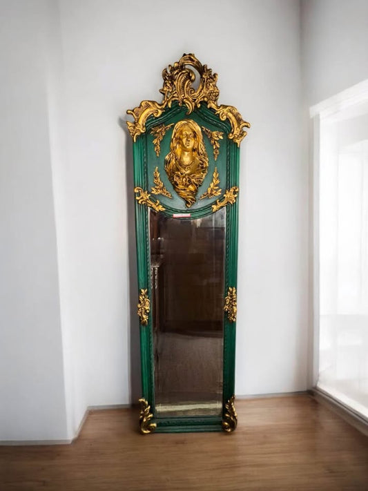 Emerald Green & Gold Gilt Figural Muse Mirror