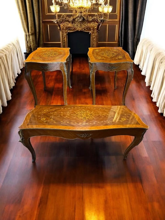 Exquisite French Inlaid Coffee & Side Table Set ¨C Bronze Ormolu Accents