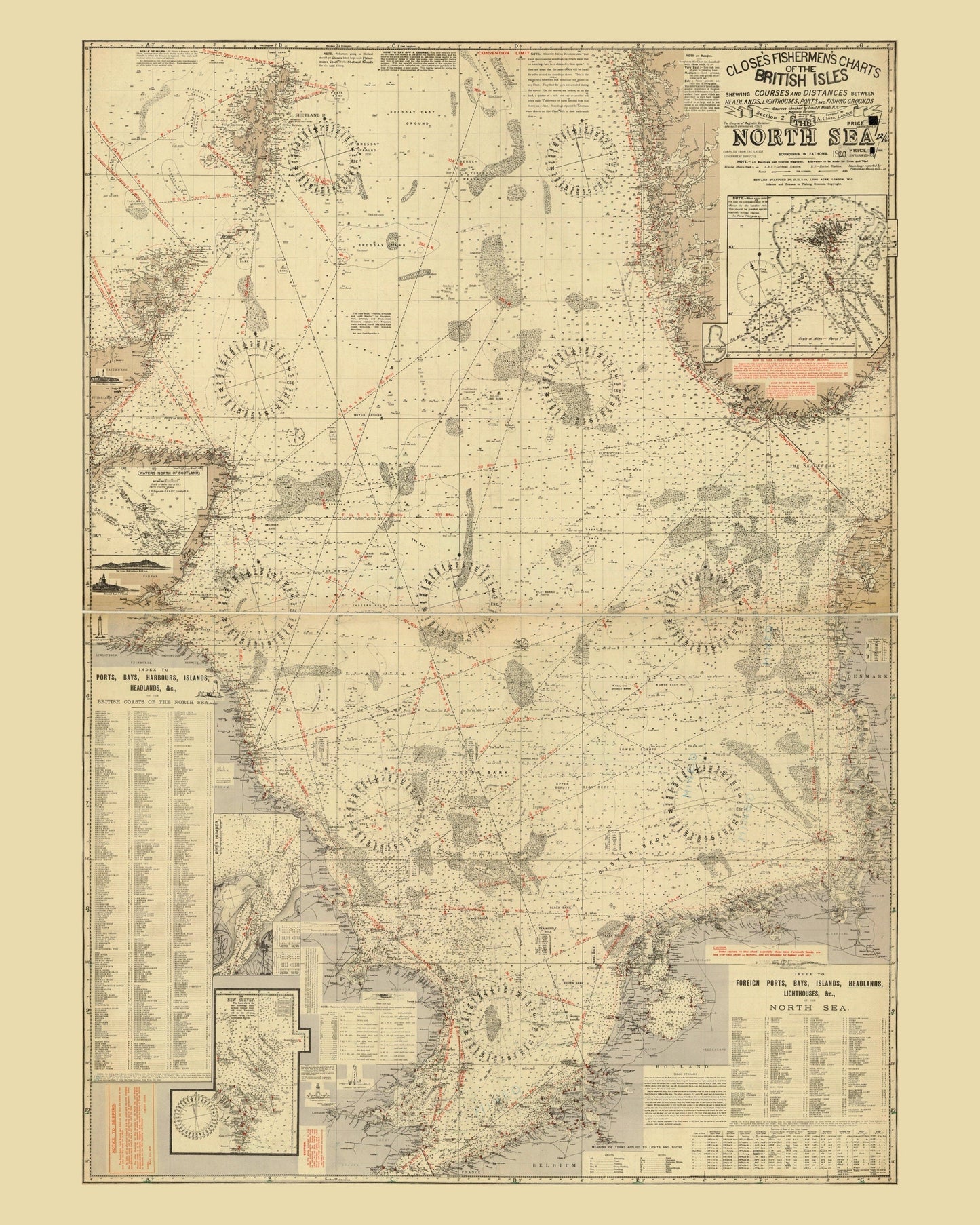 Fishermen's Chart of the North Sea Map 1920
